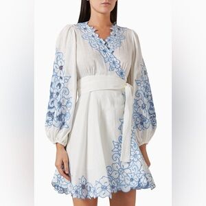 Zimmermann Golden Floral-Embroidered Linen Wrap Mini Dress in Ivory and Blue